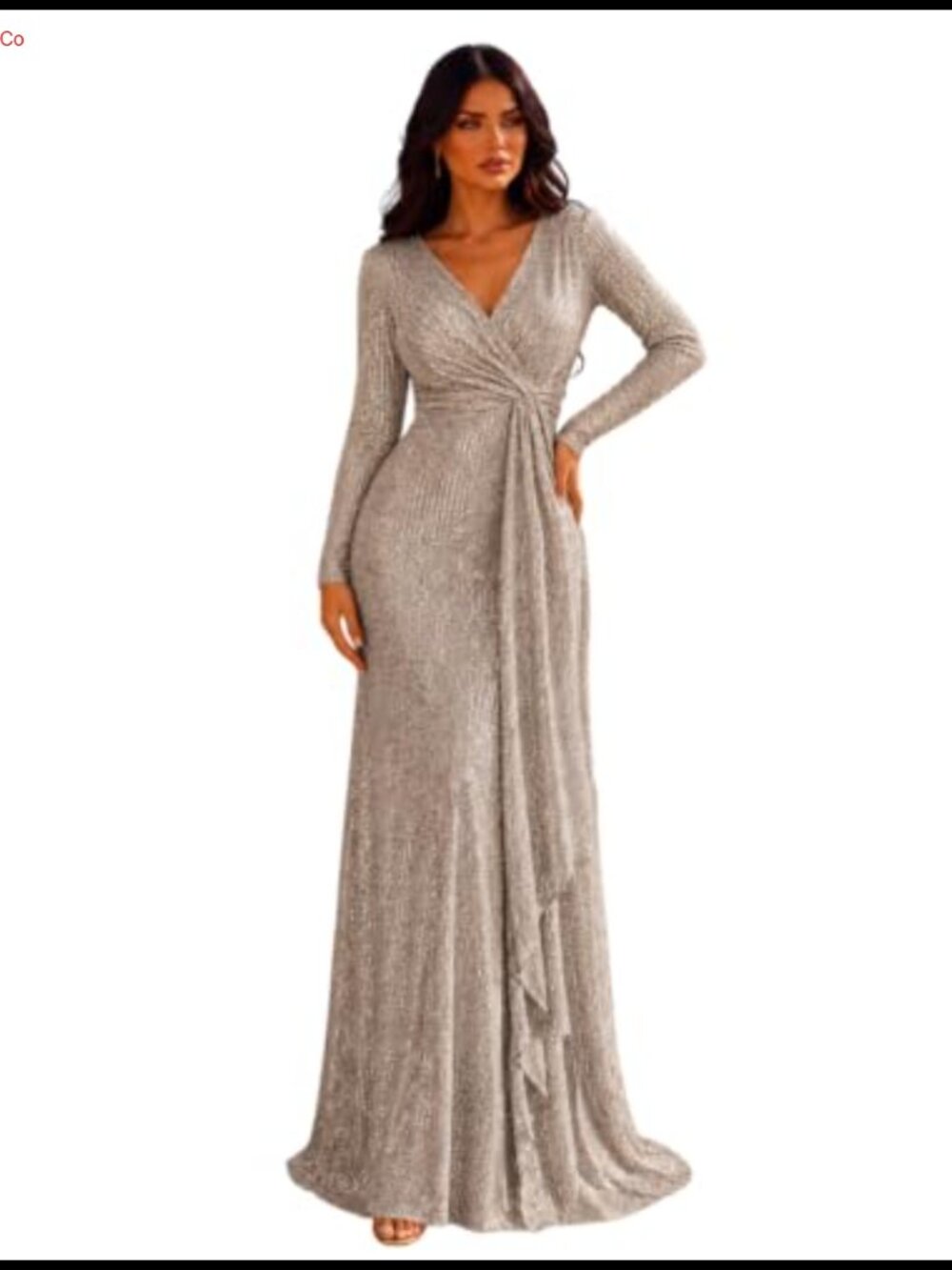 Long Sleeve Sequin Maxi Dress V Neck Formal Evening Gown with Slit